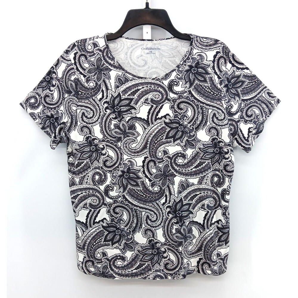Croft & Barrow Shirt Women Plus Size 1X Black Paisley Floral Short Sleeve Top